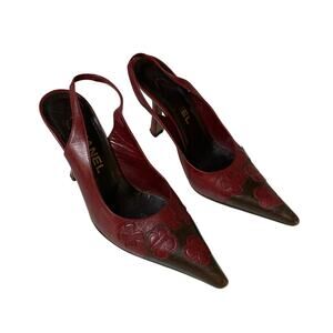 Chanel 2001 Camelia Flower Burgundy / Brown Pointed  Toe Slingback Heel